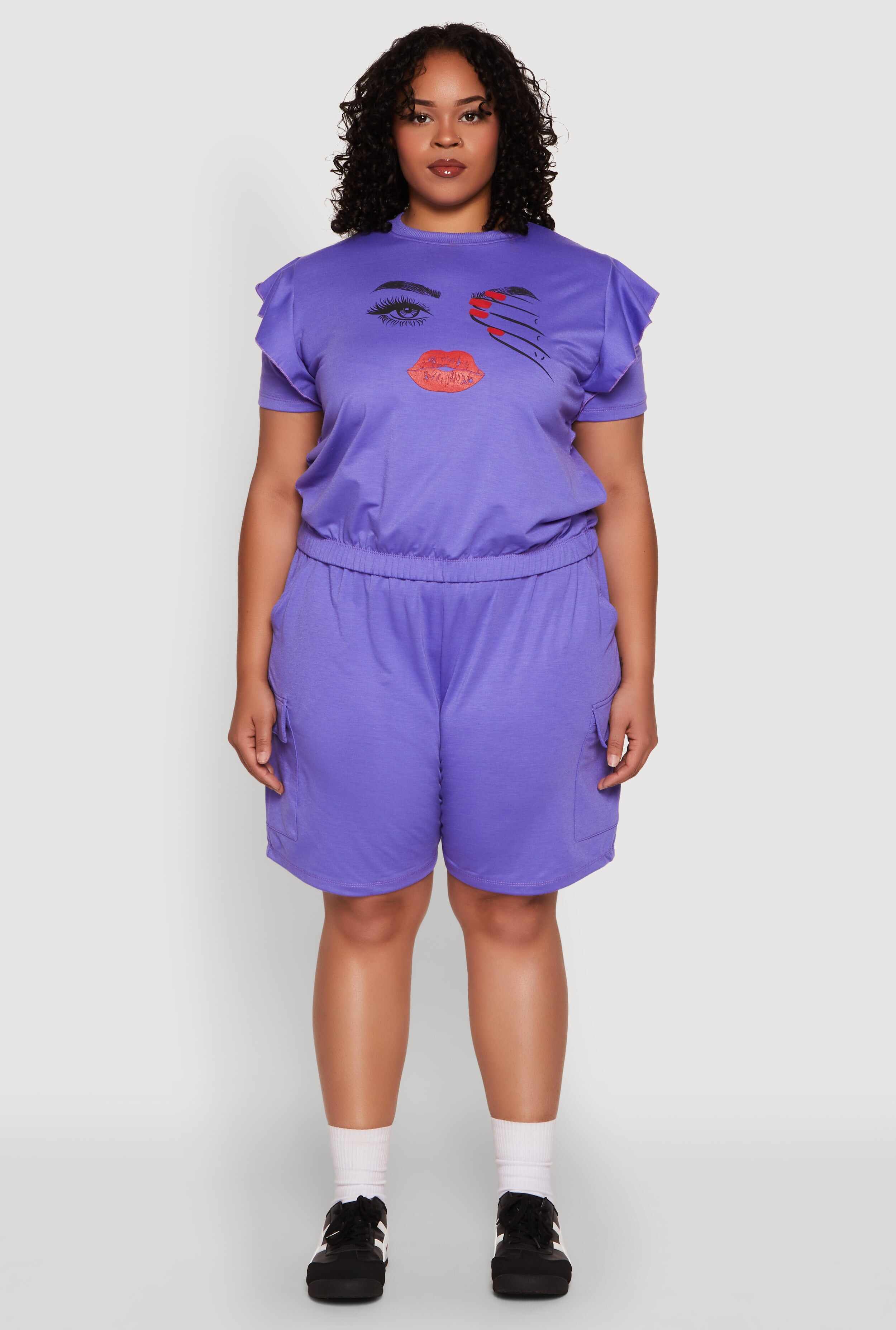 Plus Size Tiered Ruffle Sleeve Face Graphic Top