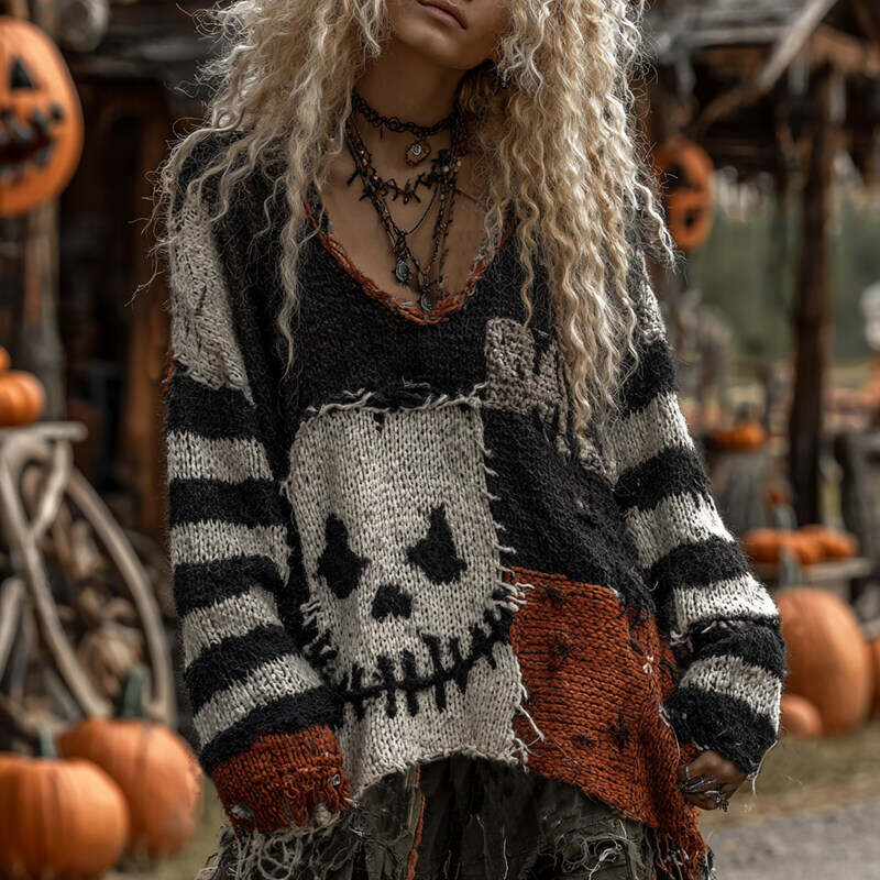 Halloween Evil Face Art Cozy Knit Sweater
