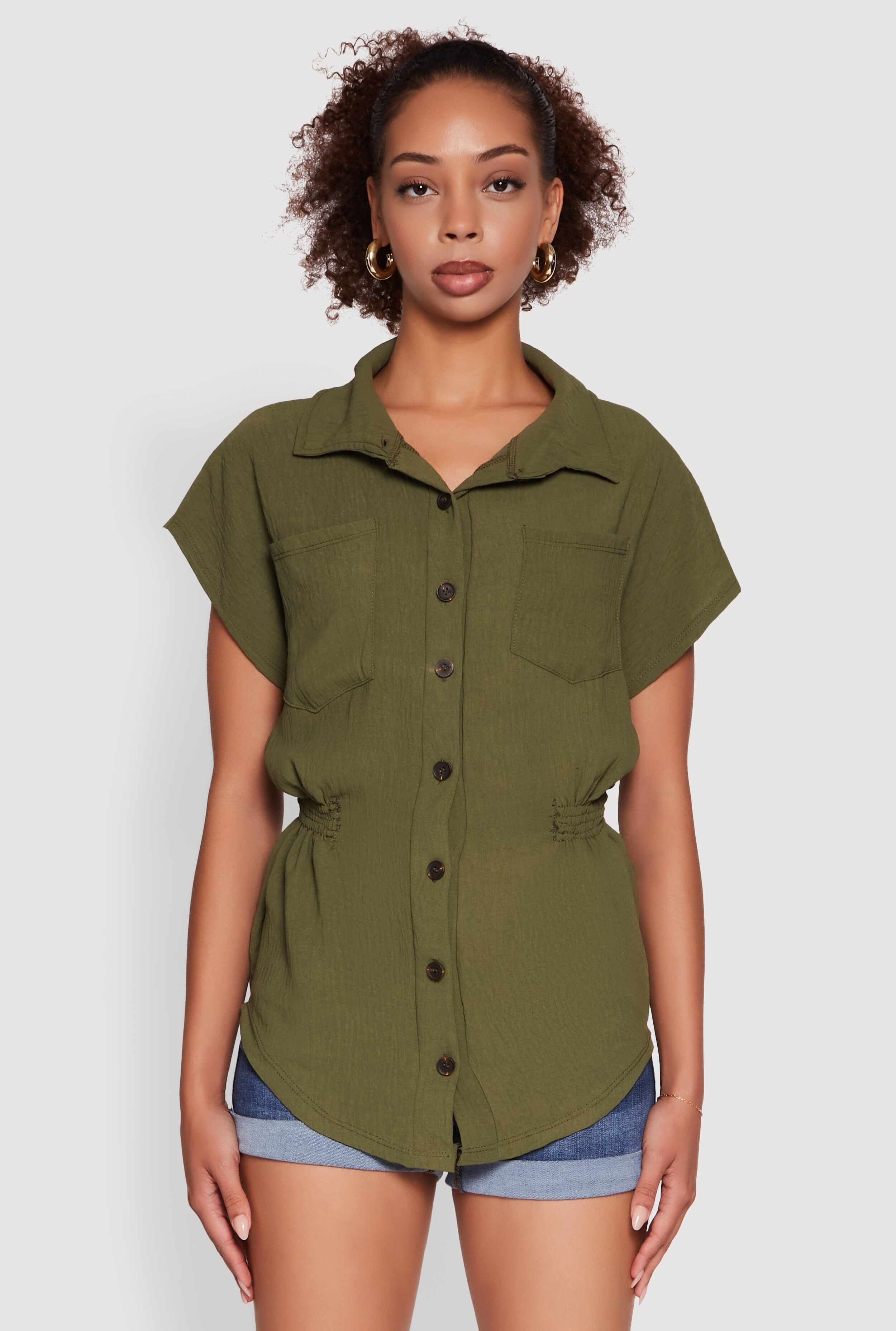 Trendy Smocked Side Button Front Shirt