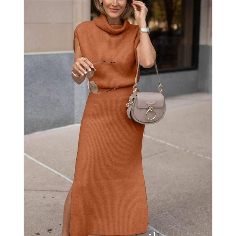 Temperament casual solid color sleeveless knitted top skirt two-piece set