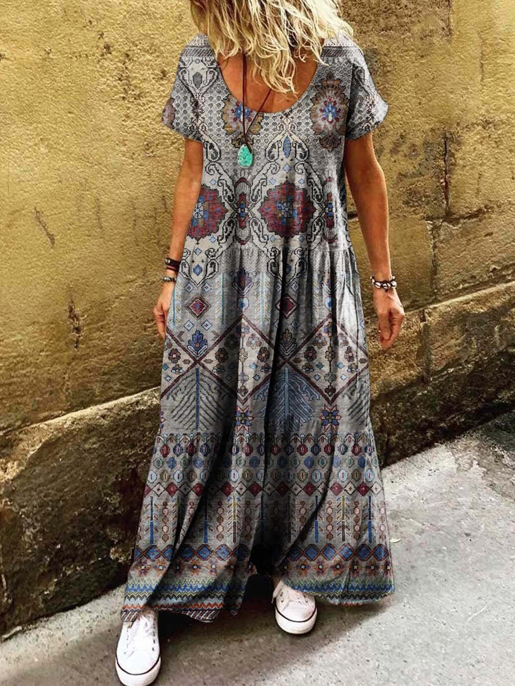 Women's Ethnic Irregular Pattern Art Print Pocket Short Sleeve Cotton Dresses