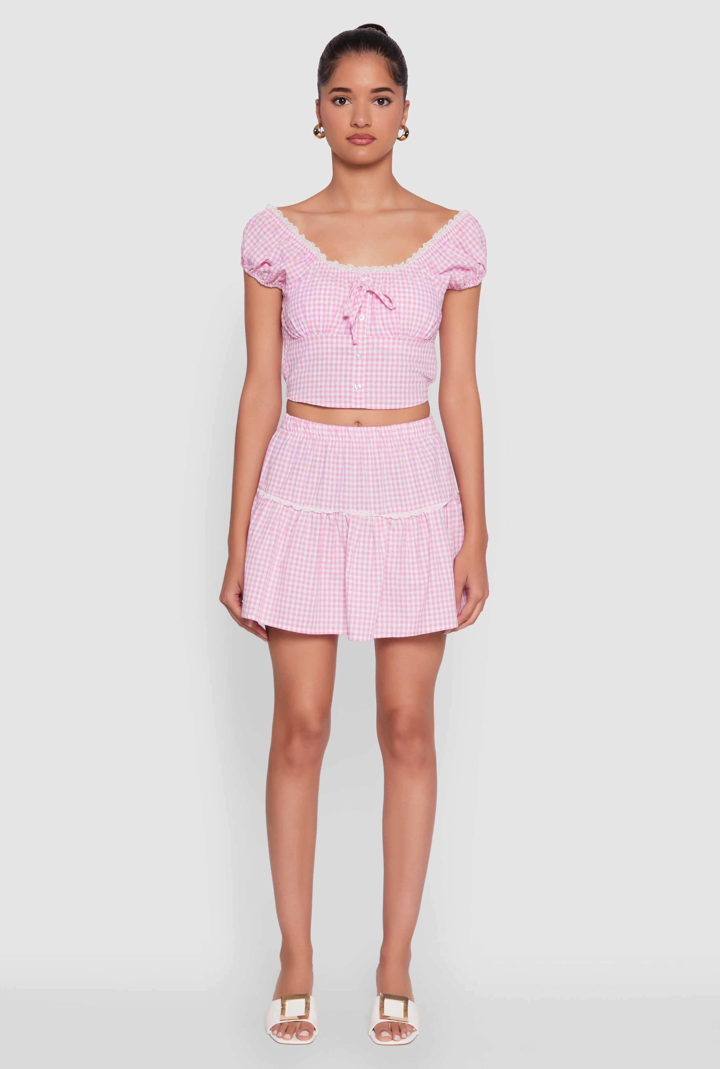 Gingham Lace Trim Tiered Mini Skirt