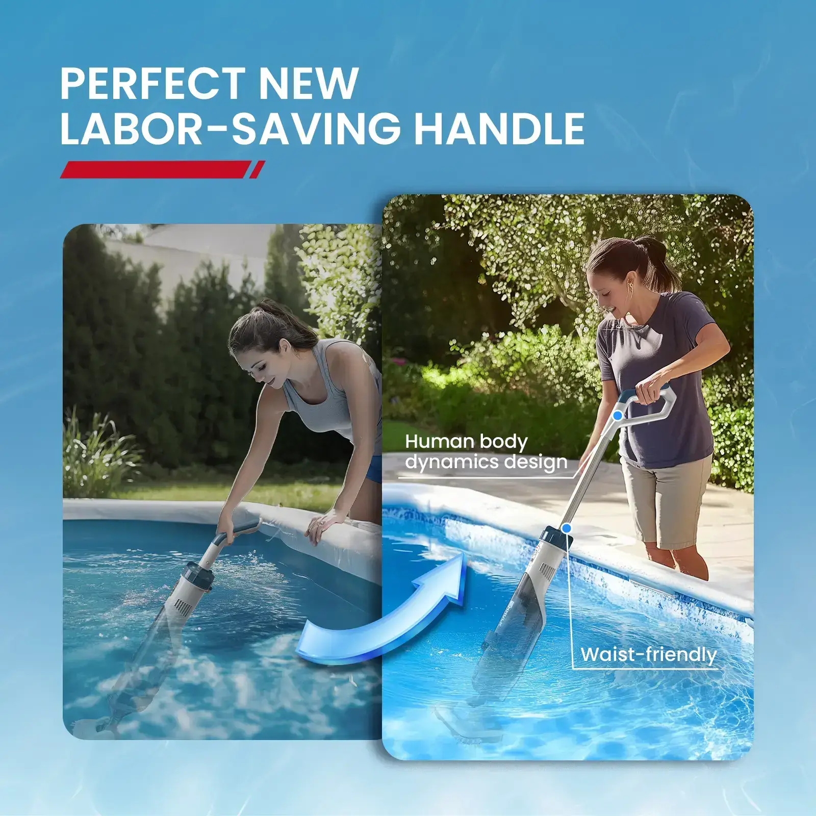 【Spring Cleaning】 New Upgrade PC18 Pool Vacuum for Above Ground Pool with Telescopic Pole, Running time up to 1H, Handheld Design with Powerful Suction up to 18.5 gallon/min Ideal for Leaves, Debris