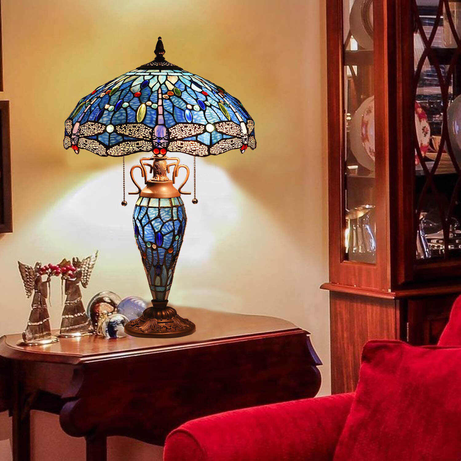 Dragonfly Style Tiffany Large Table Lamp 3-Light With Nightlight Rustic Antique Desk Light
