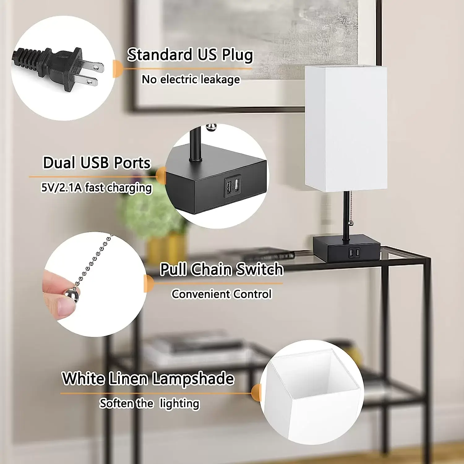 GGOYING Bedside Table Lamp, Pull Chain Table Lamp with Dual USB Charging Ports, 2700K LED Bulb, Fabric Linen Lampshade, Nightstand Lamp for Livingroom Bedroom Office Reading Working