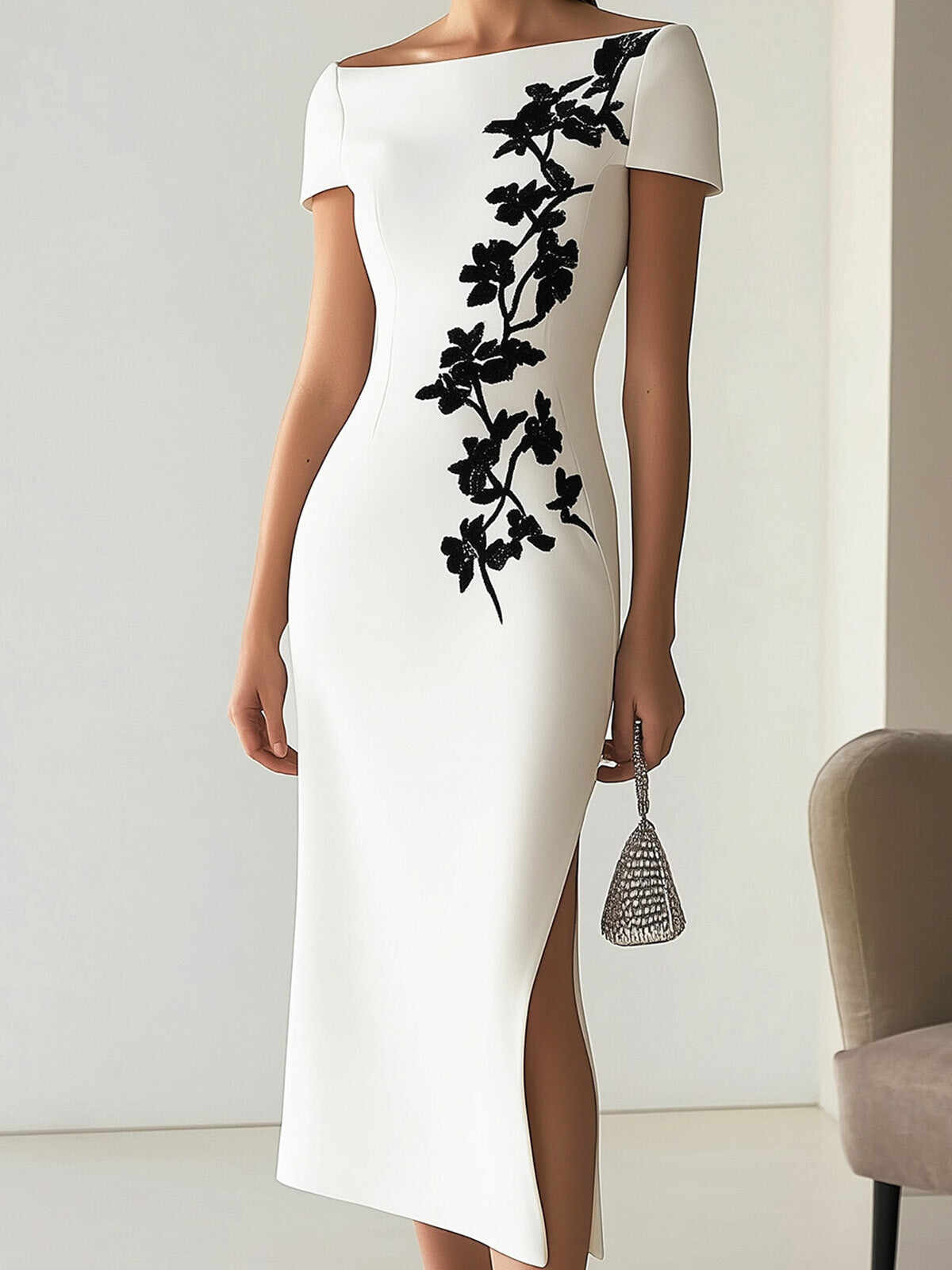 Chic Boatneck Dress with Asymmetrical Floral Print