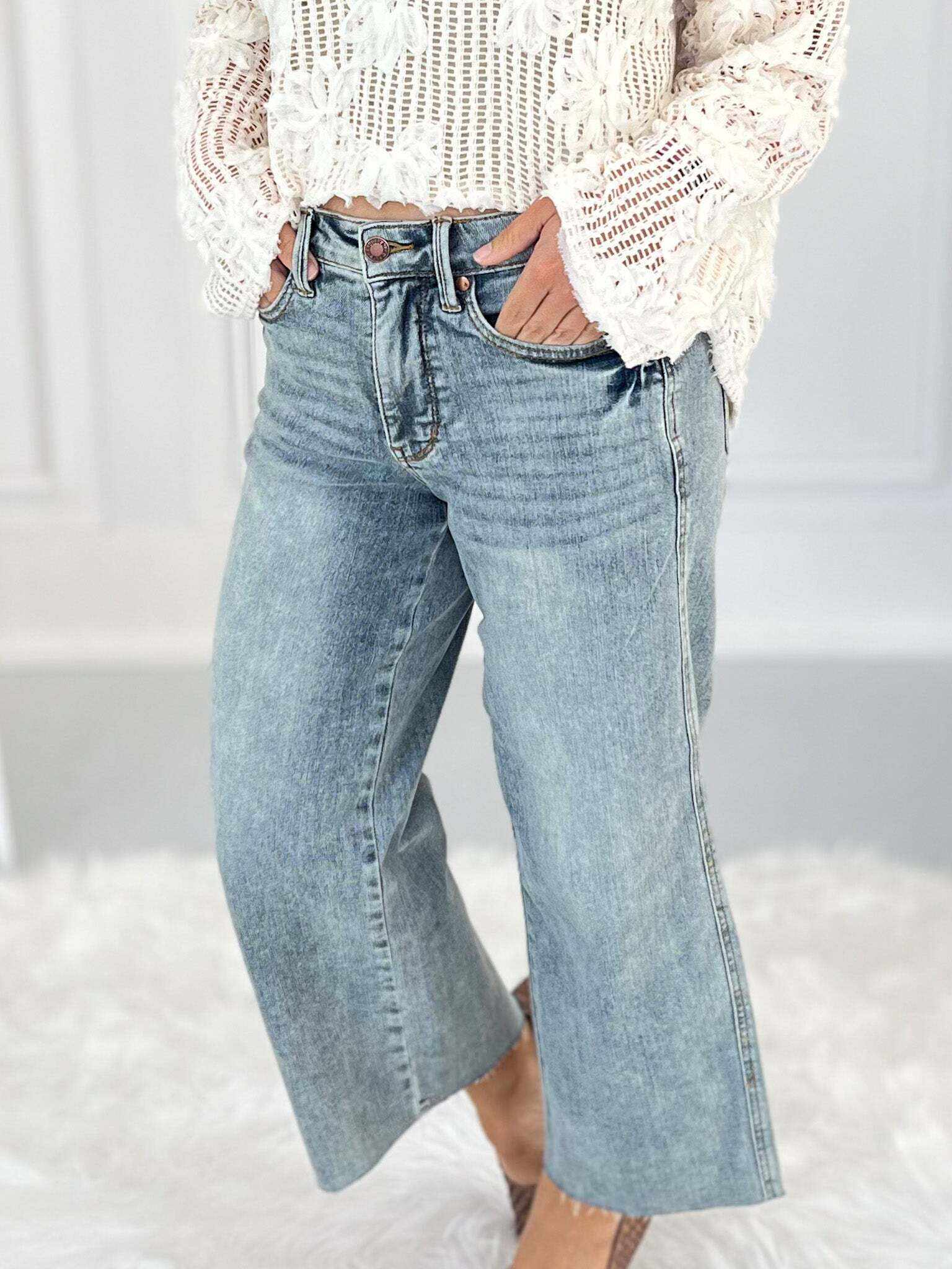 Very Demure - Christmas Tummy Control Cropped Wide Jeans- Final Sale