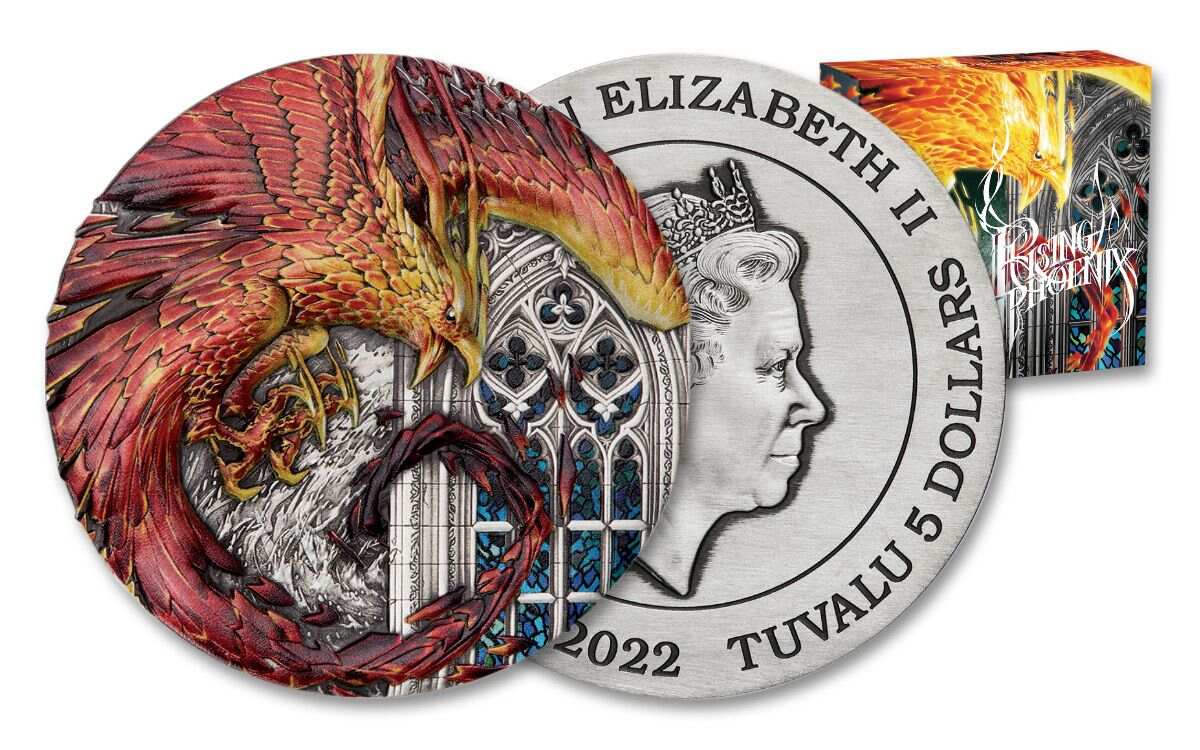 2022 Rising Phoenix 5oz Silver Antiqued Coloured Coin