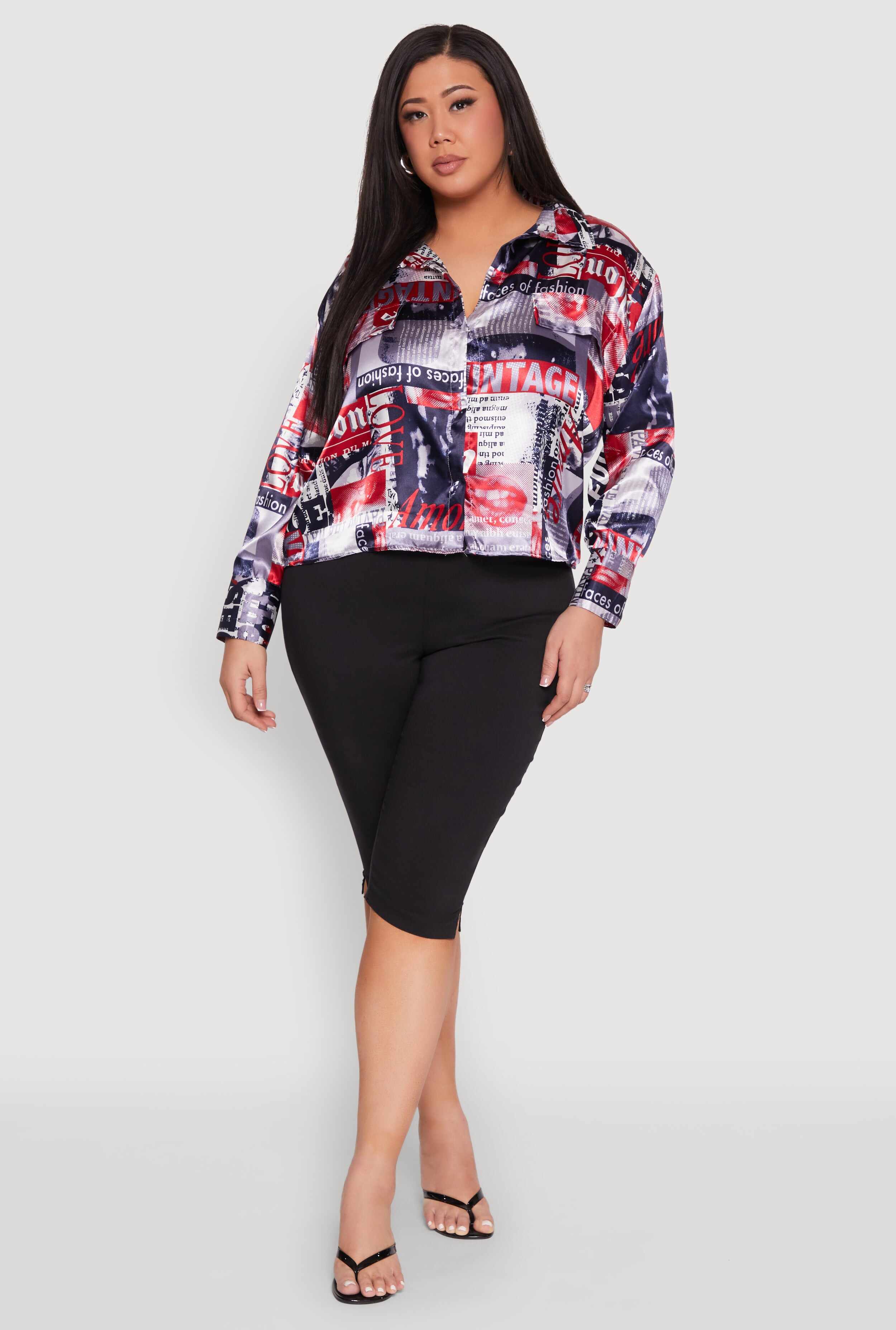 Plus Size Newspaper Print Satin Shirt