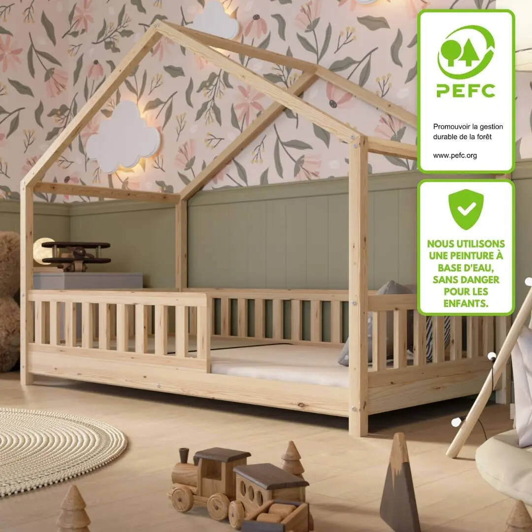 Clearance Sale Crazy Pine Cabin Bed 160x80 cm – Natural Wood Children's Bed with Barrier – Montessori Floor Bed with Height-Adjustable Legs and Removable Barrier - Crazy House