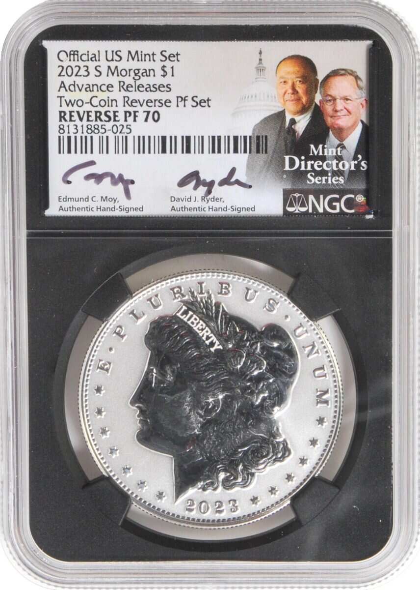 2023 6 PC Morgan and Peace Silver Dollars NGC MS70/PF70/ Reverse PF70 Advance Releases signed by Edmund C. Moy & David Ryder U.S. Mint Directors
