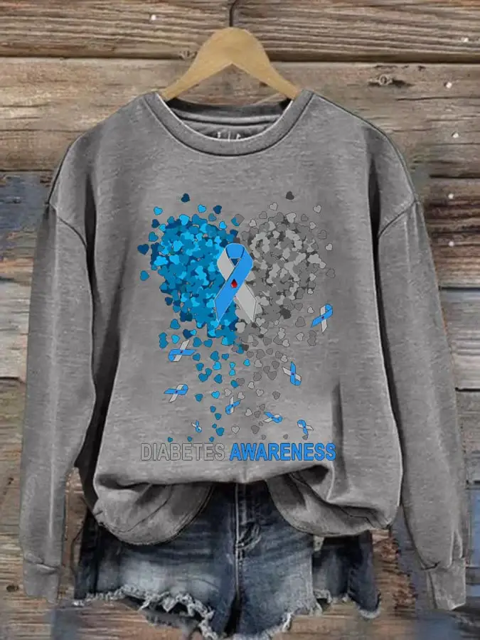 Women's Casual Diabetes Awareness Print Long Sleeve Sweatshirt