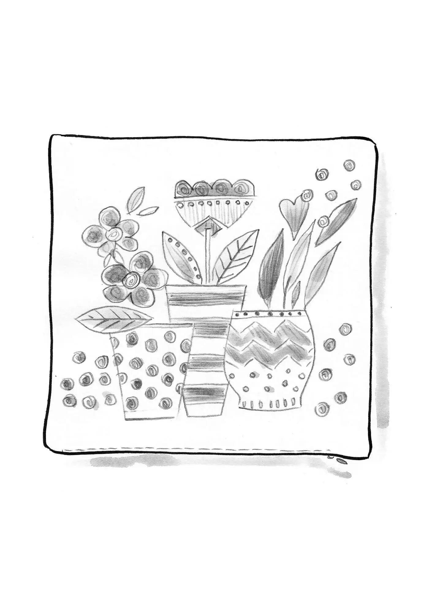 “Flower pots” embroidered organic cotton cushion cover
