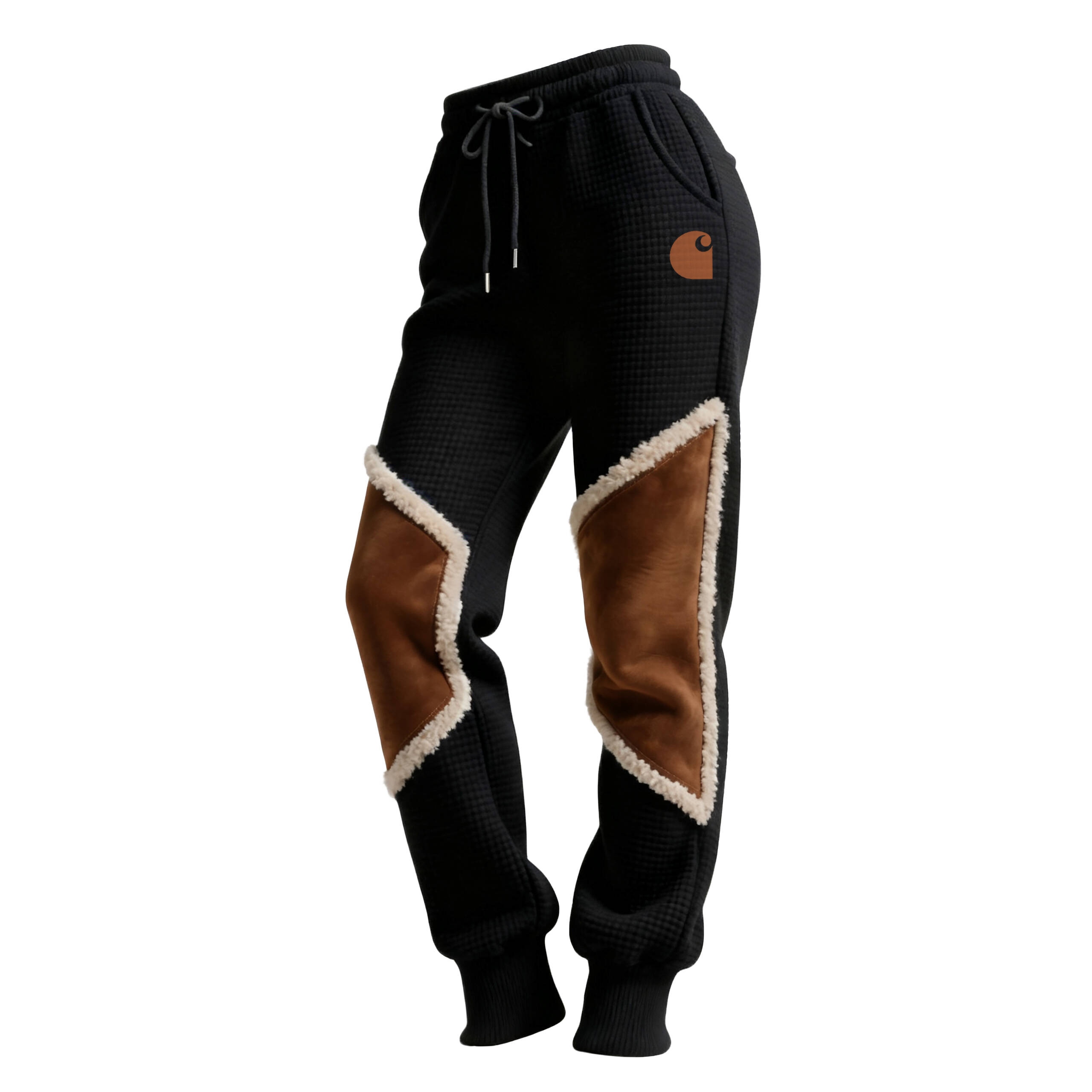 Women's Retro Western Waffle Contrast Suede Track Pants-Black