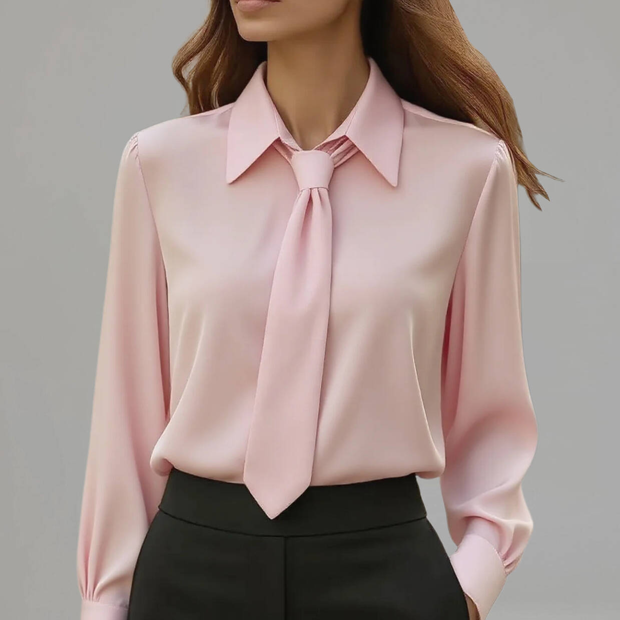 Women's Formal Solid Shirt Collar Tie Long Sleeve Blouse