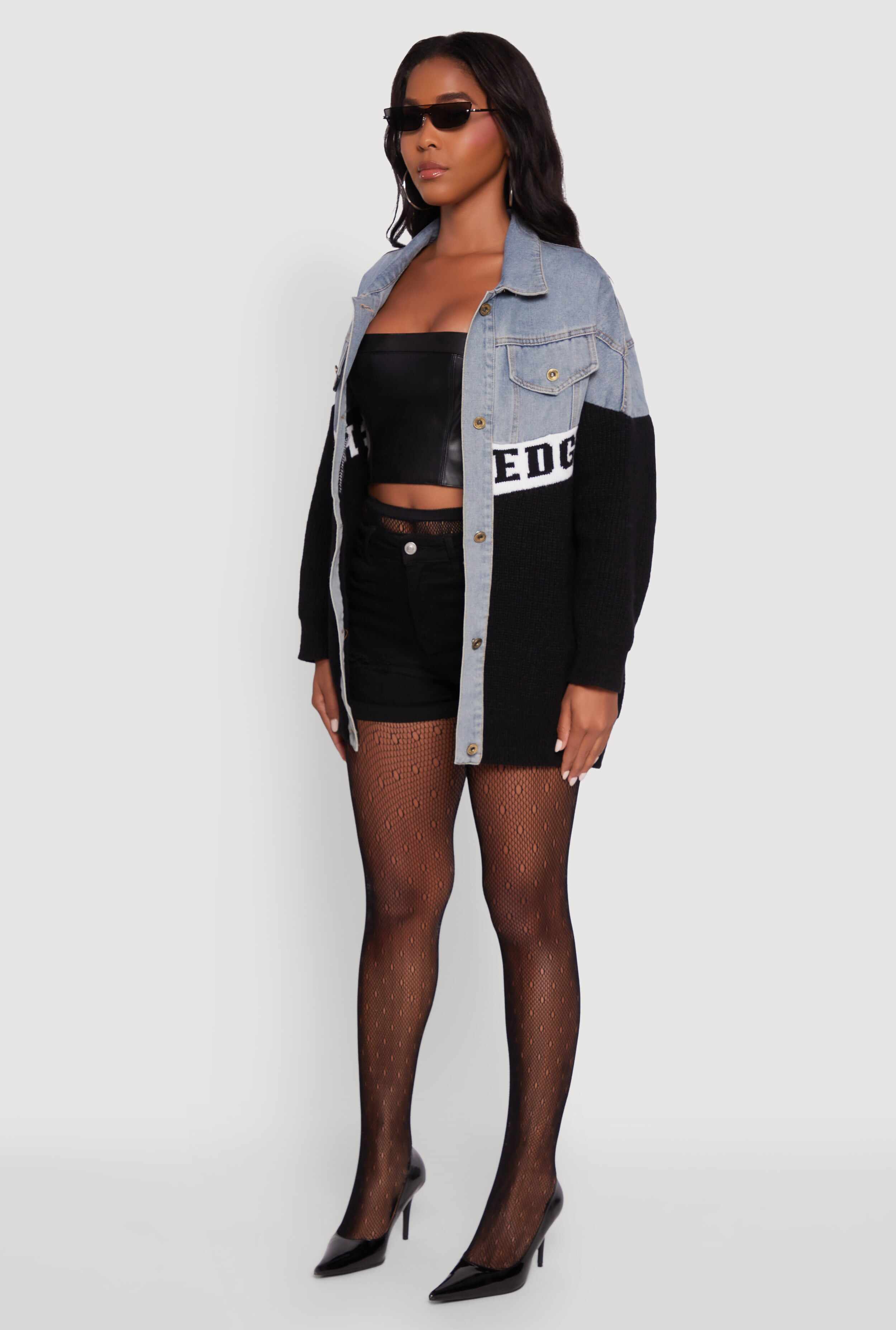 Color Block Chic Graphic Knit Denim Jacket
