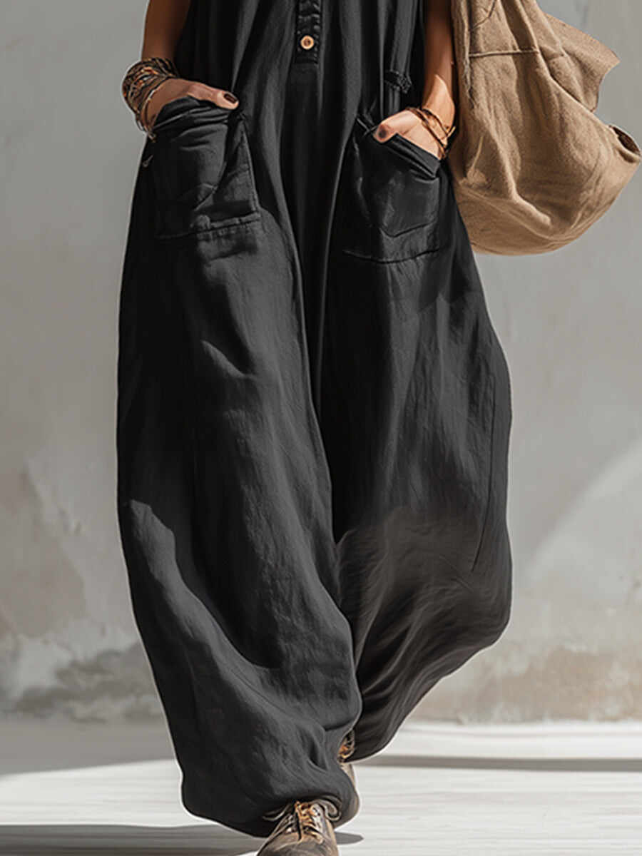 🔥Summer Arrivals🌟Elegant Urban-style Black Cotton And Linen Sleeveless Jumpsuit