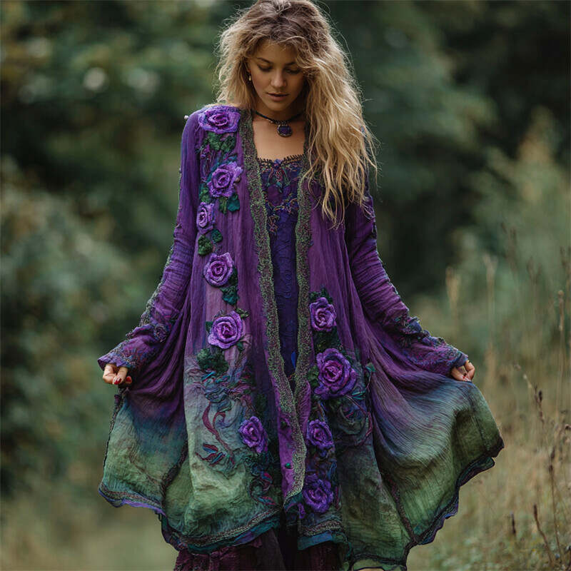Vintage Purple Roses Embroidered Gradient Flowy Cardigan