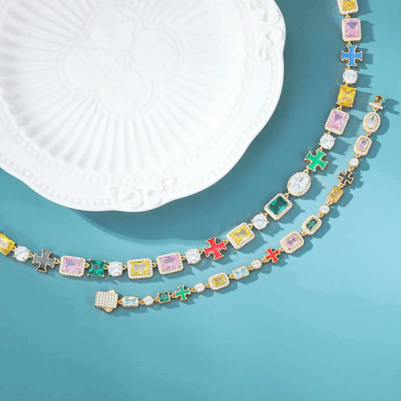 10mm S925 Moissanite Enamel Cross Colorful Gemstone Tennis Chain