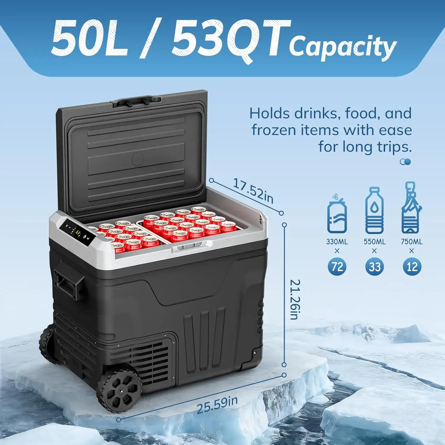 12V Portable Car Refrigerator, 23L/35L/50L Available, Dual DC 12V/24V & AC 110-240V Power Supply, Cooling Range -4°F to 68°F, Built-in Wheels & 2 Storage Baskets, Compact Fridge for RV, Truck, Travel & Boat