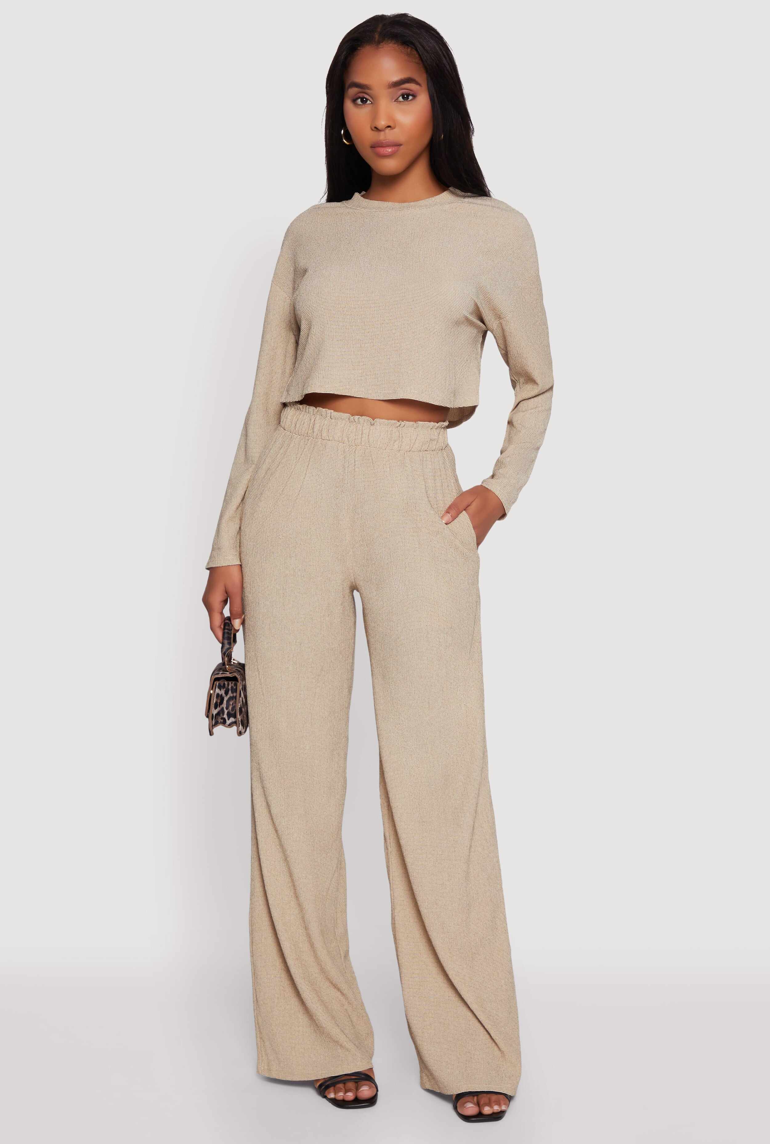 Textured Knit Paper Bag Waist Wide Leg Pants