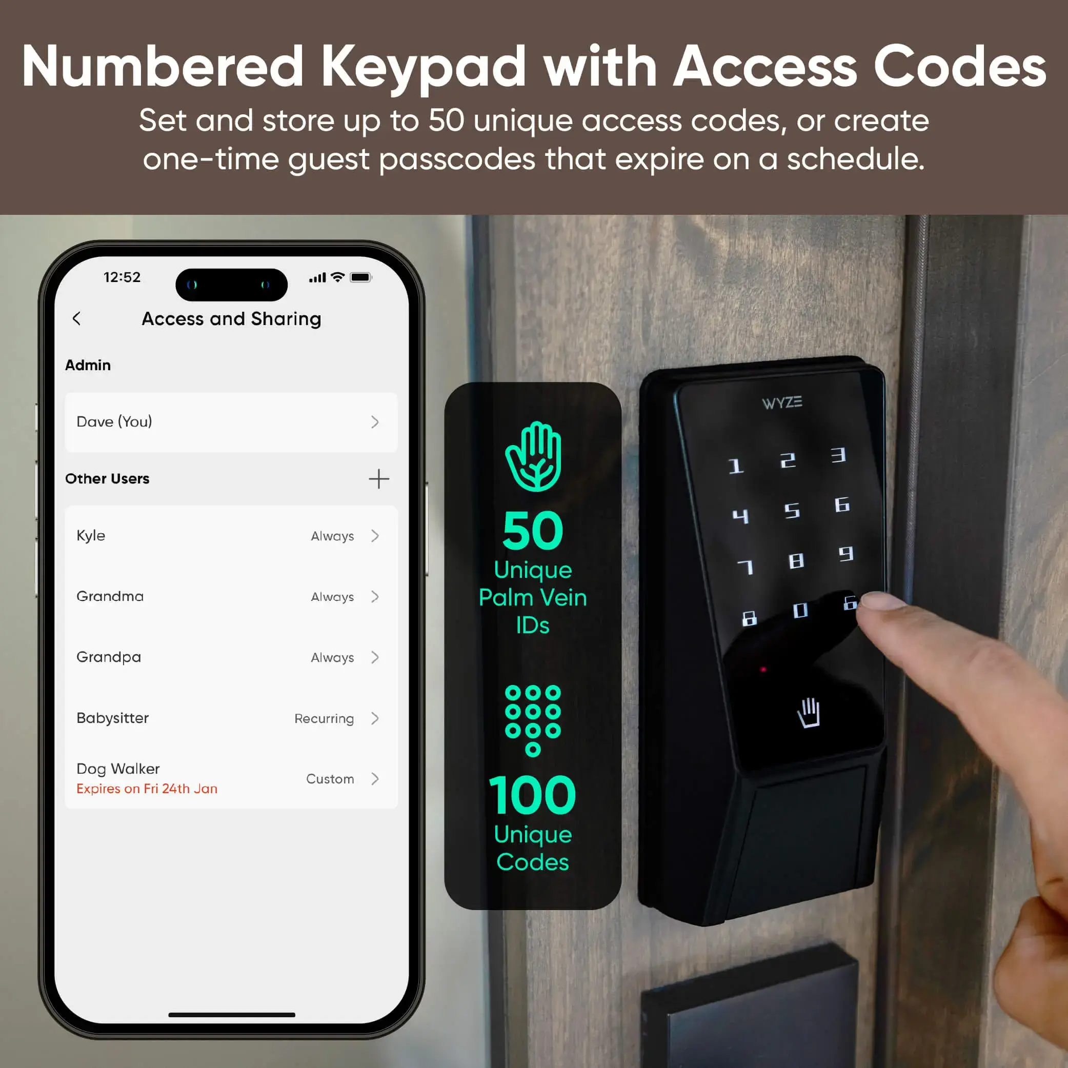 Wi-Fi Palm Recognition Smart Lock for Front Door, Keyless & Touchless Entry, Modern Design, Auto-Lock, Easy Installation, Deadbolt Replacement, IP53 Weatherproof