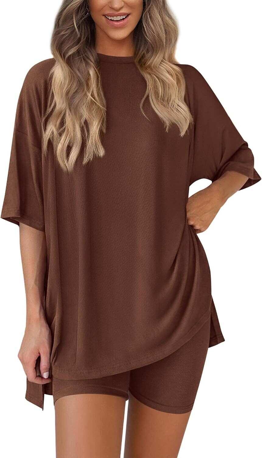 🔥Flash sale🔥Women's Two Piece Lounge Set 2026 Summer Casual Oversized Shirts  Biker Shorts Matching Airport Travel Outfit