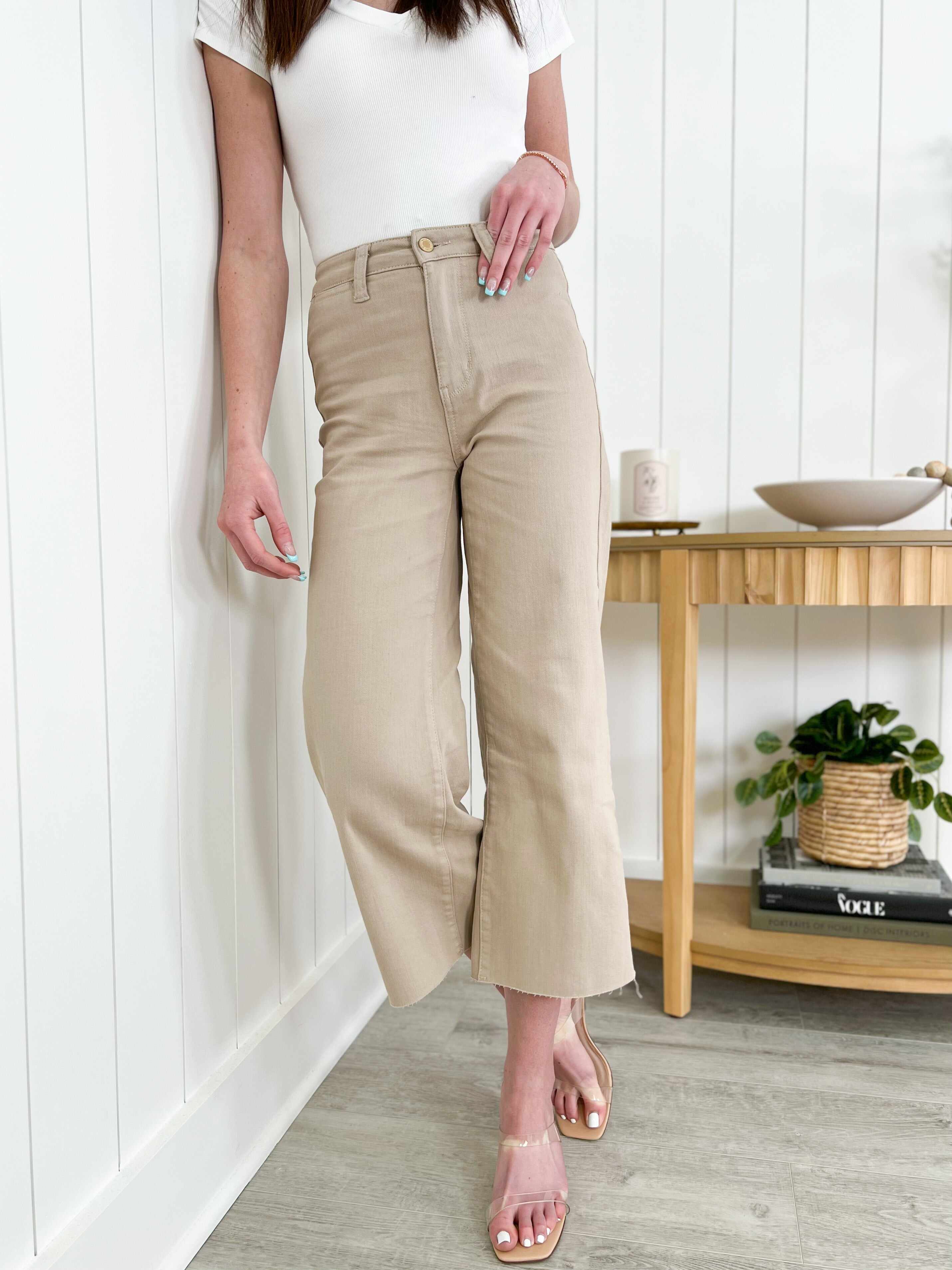 Love You a Latte  Khaki High Rise Garment Dyed Wide Leg Cropped Jeans
