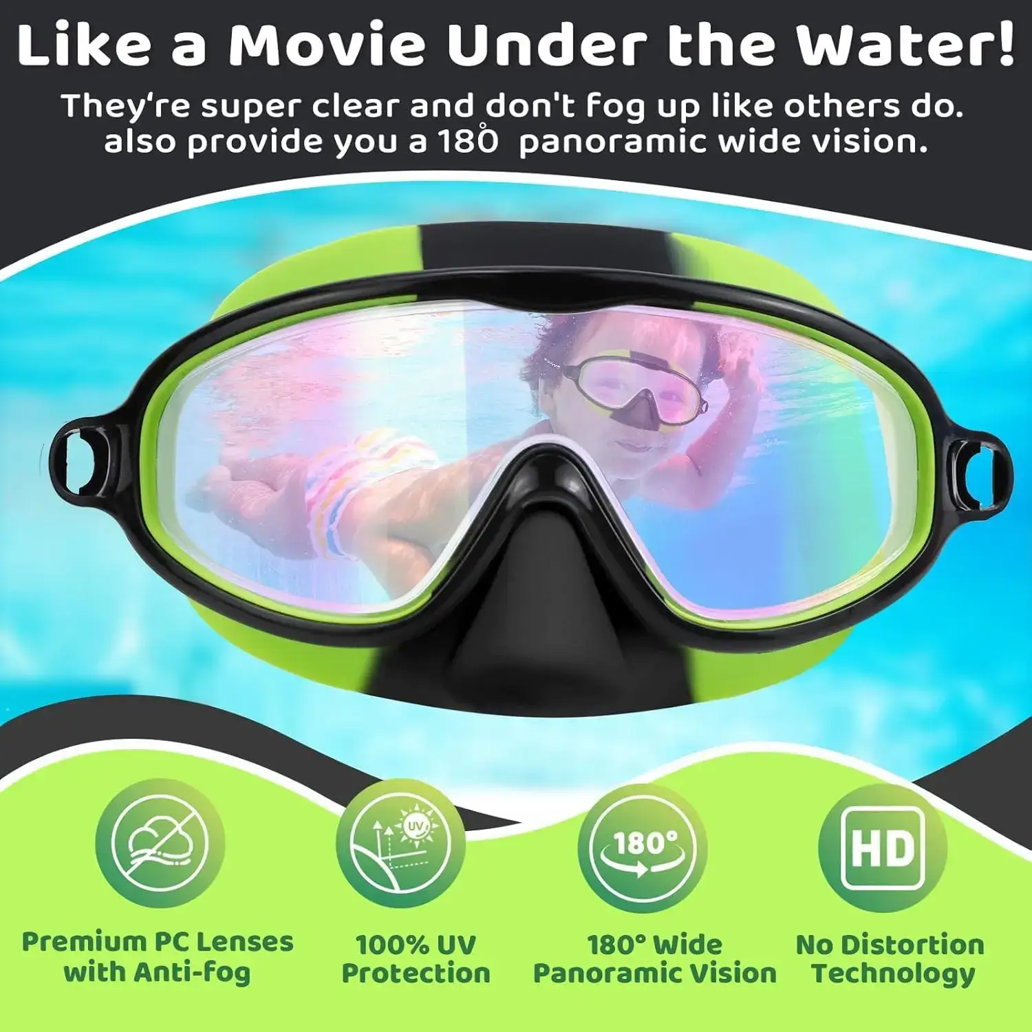 Swim Goggles 2 Pcs with Nose Cover for Ages 3-12+ Kids,Youth,UV Protection Anti-Fog Wide View Anti-Shattered Lens for Boys and Girls - Safety anti-uv swim glass anti-fog swimming goggles for Outdoor, Lake,Beach, Summer Party
