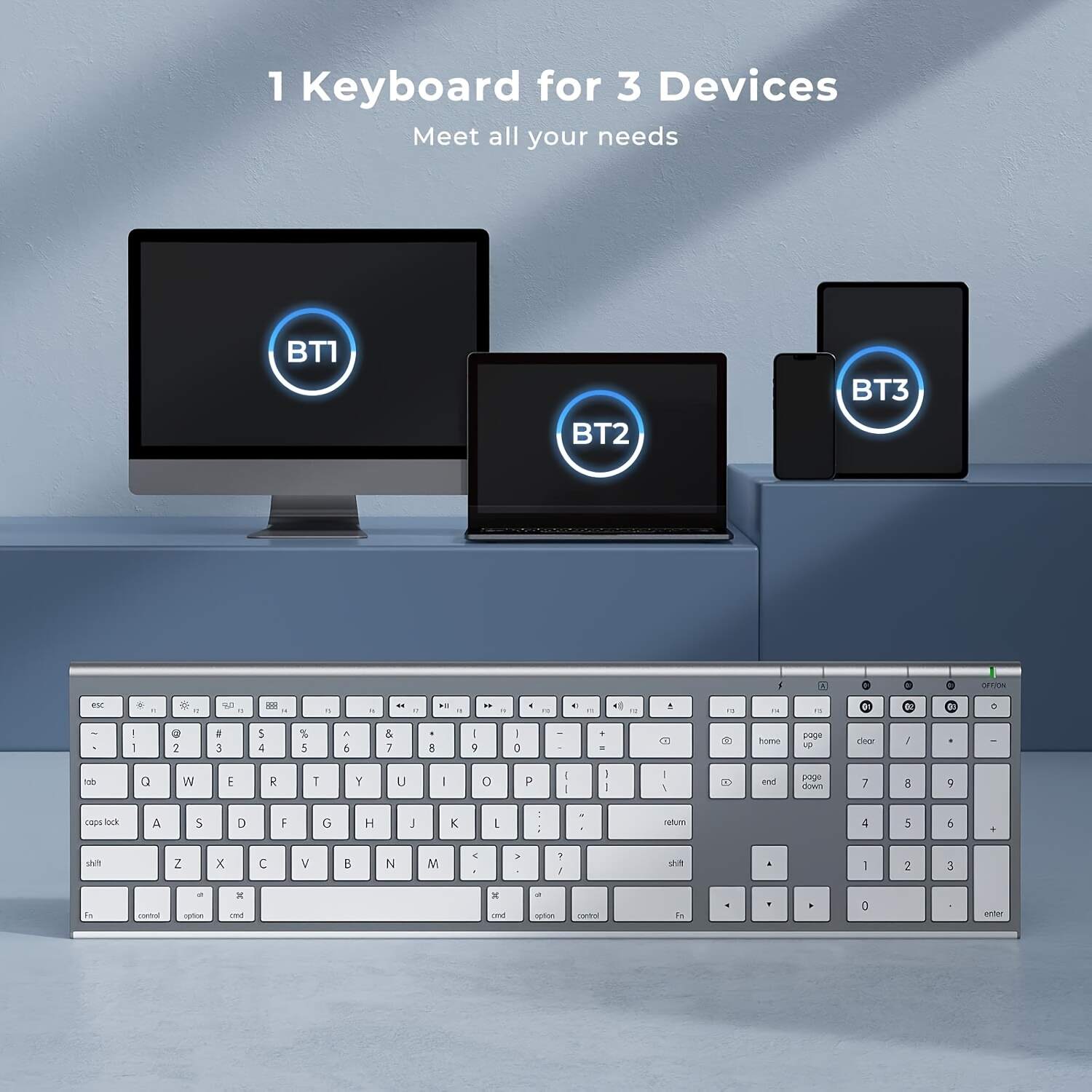 BT Keyboard for Mac- Rechargeable Full Size Keyboard for THREE Devices, Slim Quiet Keyboard with Numeric Keypad Compatible for MacBook Pro/Air, IMac, for iPhone, for iPad Pro/Air/Mini