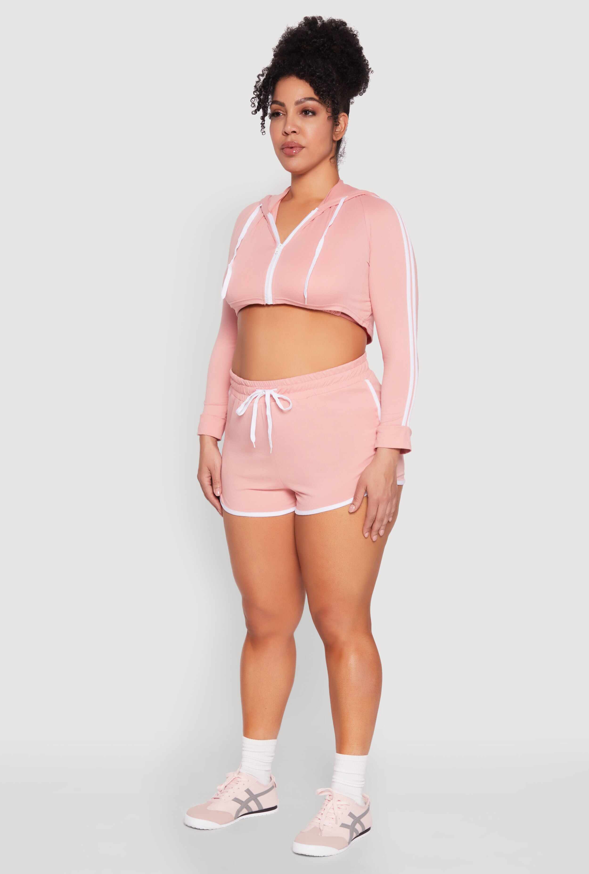 Plus Size Varsity Stripe Zip Front Cropped Hoodie