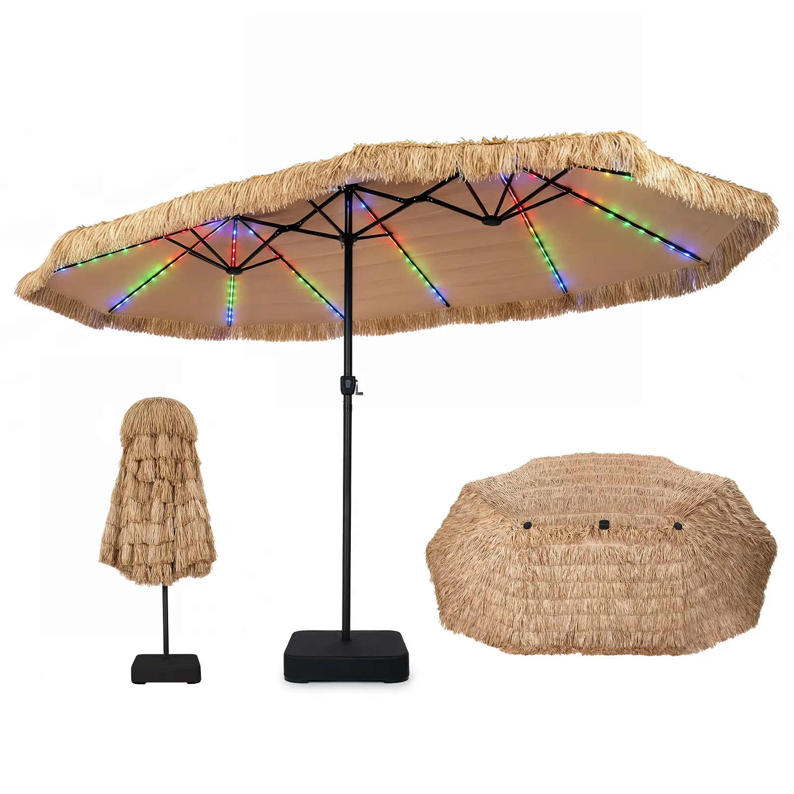 15 FT Solar Tiki Patio Umbrella with Base Included, Double-sided Hawaiian Style Thatched Market Table Umbrella with144 Multi-colored Flowing LED Lights, 12 Modes, Crank Handle, 12 Ribs, PE Grass Outdoor Umbrell for Pool Deck Garden Backyard