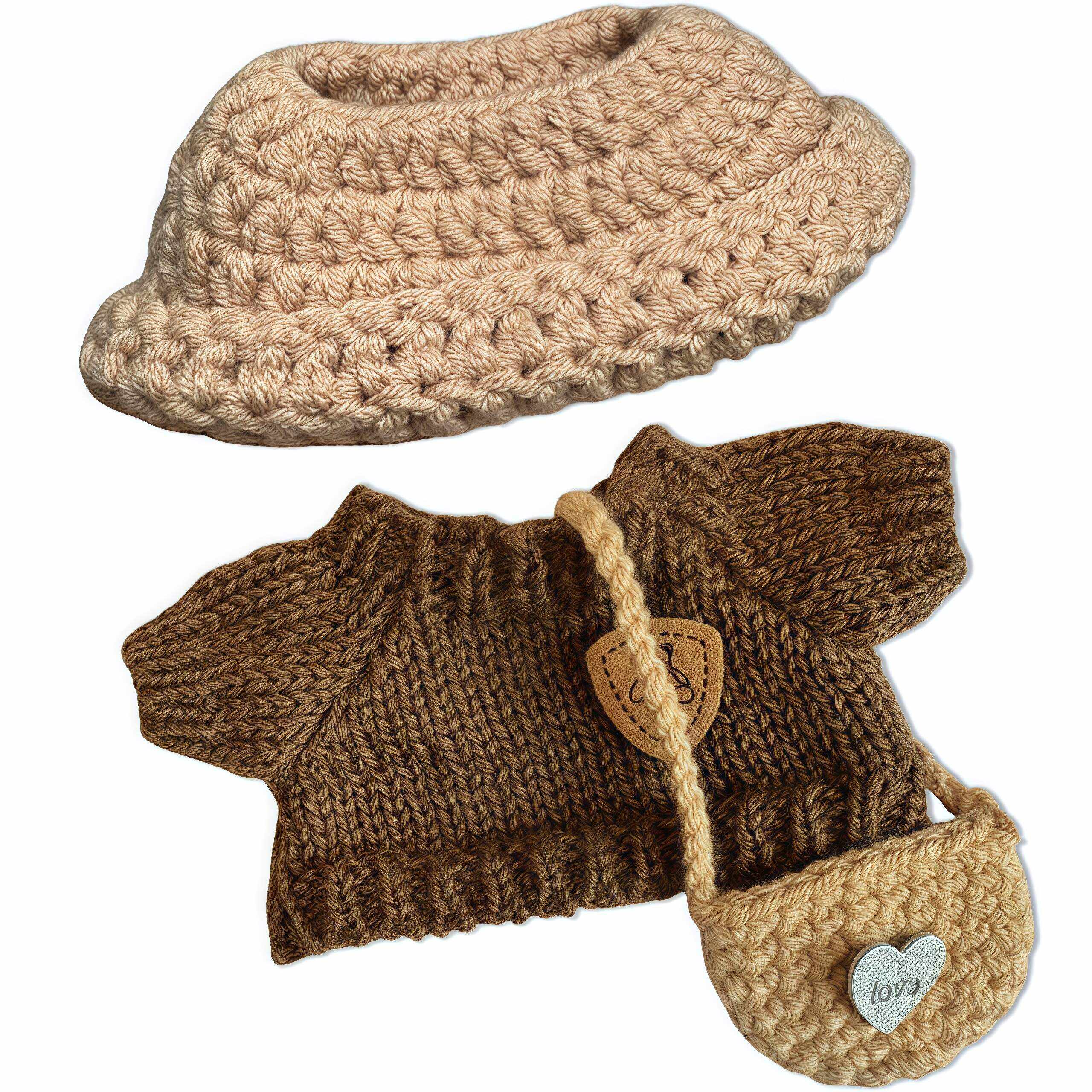 3-Piece Handcrafted Crochet Doll Clothes - Premium Dolls Outfit with Accessories, Hand Crocheted Hat, Sweaters, Bag