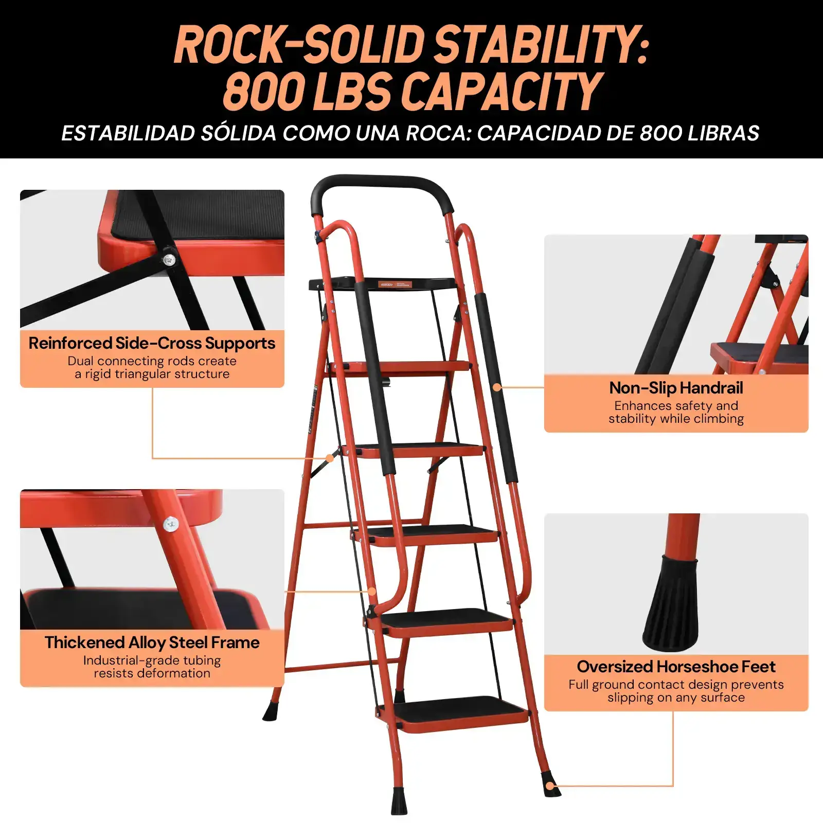 Sturdy Portable 5-Step Ladder, 800 LBS Capacity, Foldable with Handrail & Tool Tray, Ideal for Kitchen & DIY Projects, Sturdy Portable Ladder