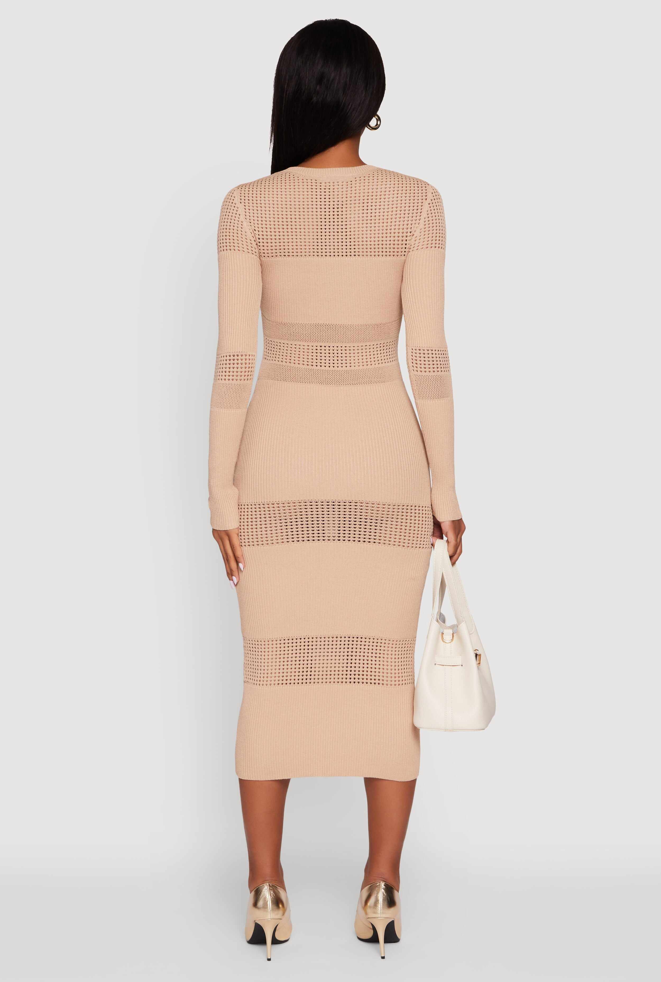 Crochet Detail Long Sleeve Bodycon Sweater Dress