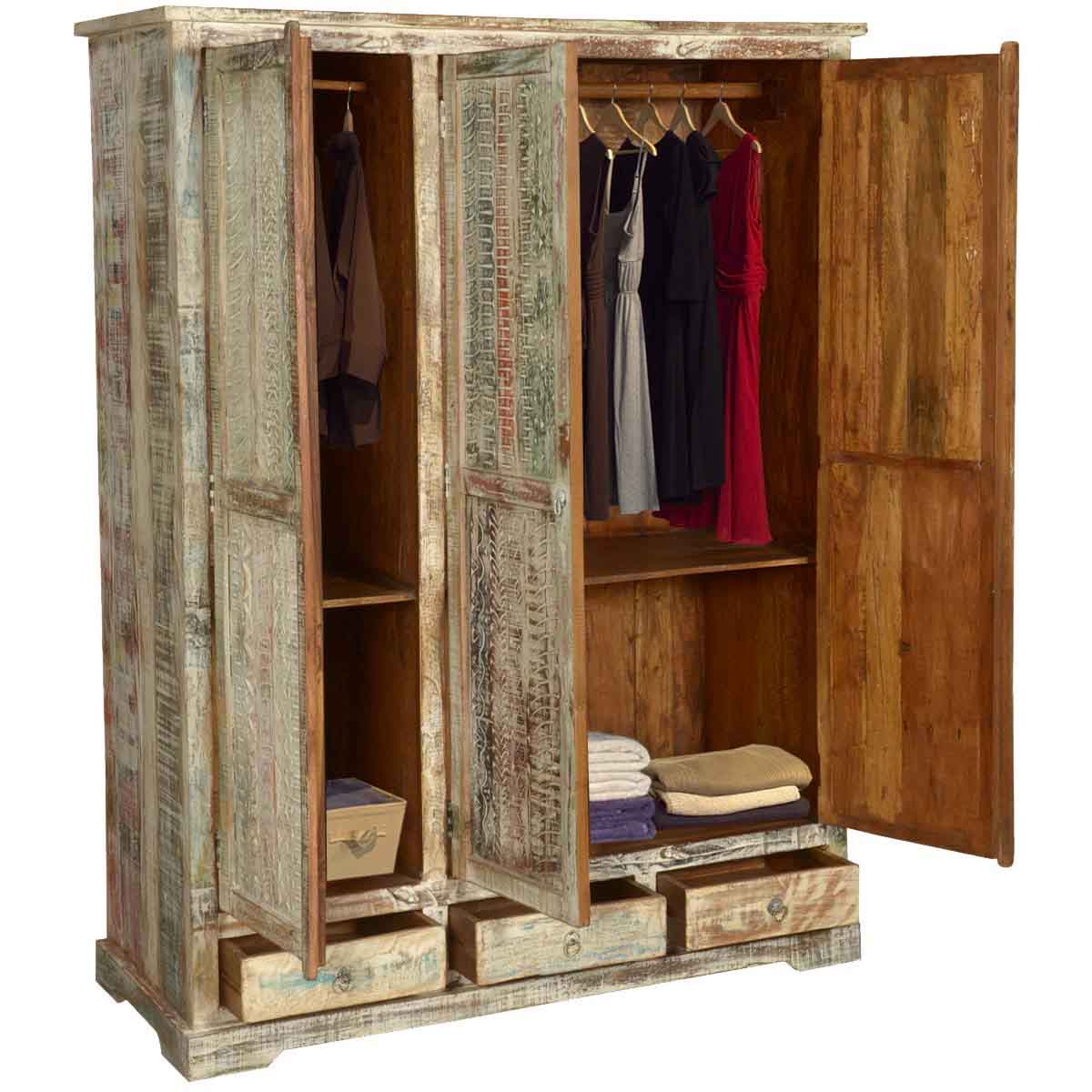 White Distressed Washed Solid Wood Large Wardrobe Armoire w Drawer