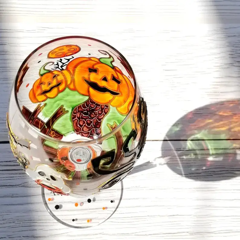 🎃 Hand-Painted Halloween Pumpkin & Ghost Crystal Wine Glass