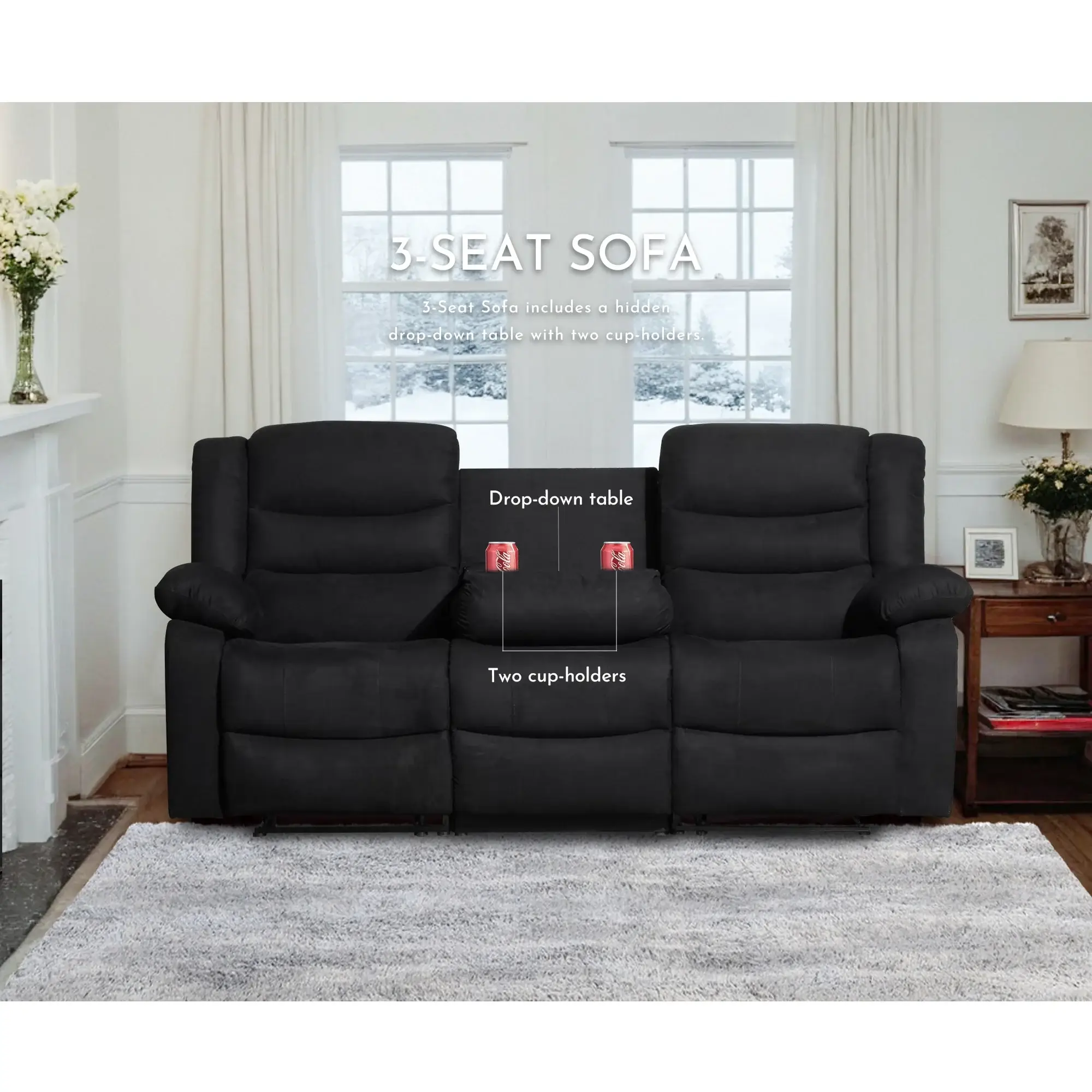 Modern 3-Piece Manual Reclining Living Room Sofa Set with Dropdown Table and Console