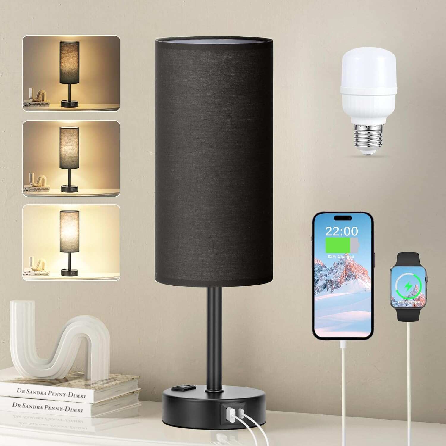 Bedside Table Lamp for Bedroom - 3 Way Dimmable Touch Lamp USB C Charging Ports and AC Outlet, Small Lamp Wood Base Round Flaxen Fabric Shade for Living Room, Desk, LED Bulb Included