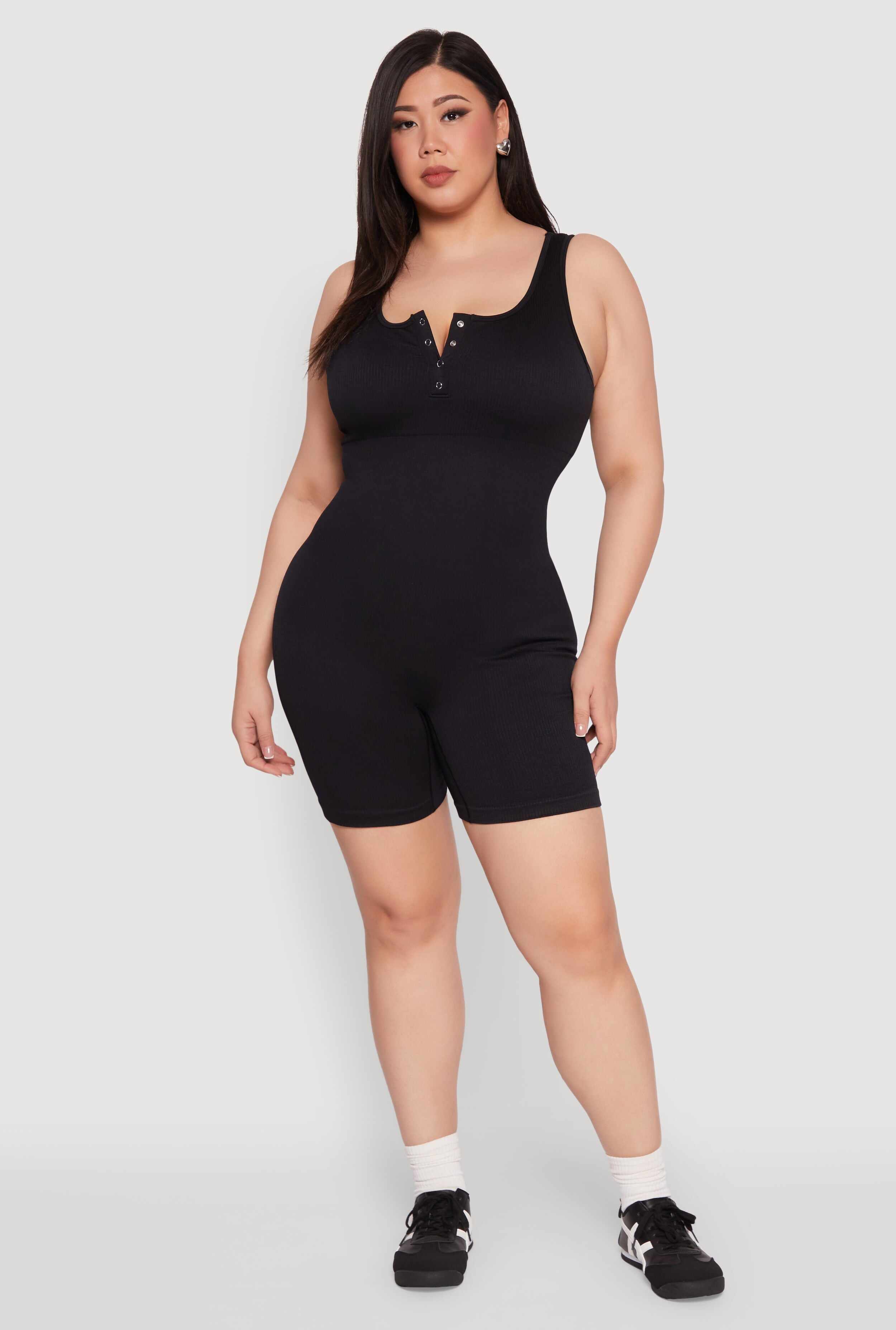 Plus Size Seamless Ribbed Sleeveless Biker Romper