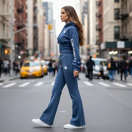 Women's Blue Cropped Shirred Waist Hoodie And Wide-Leg Pants Set