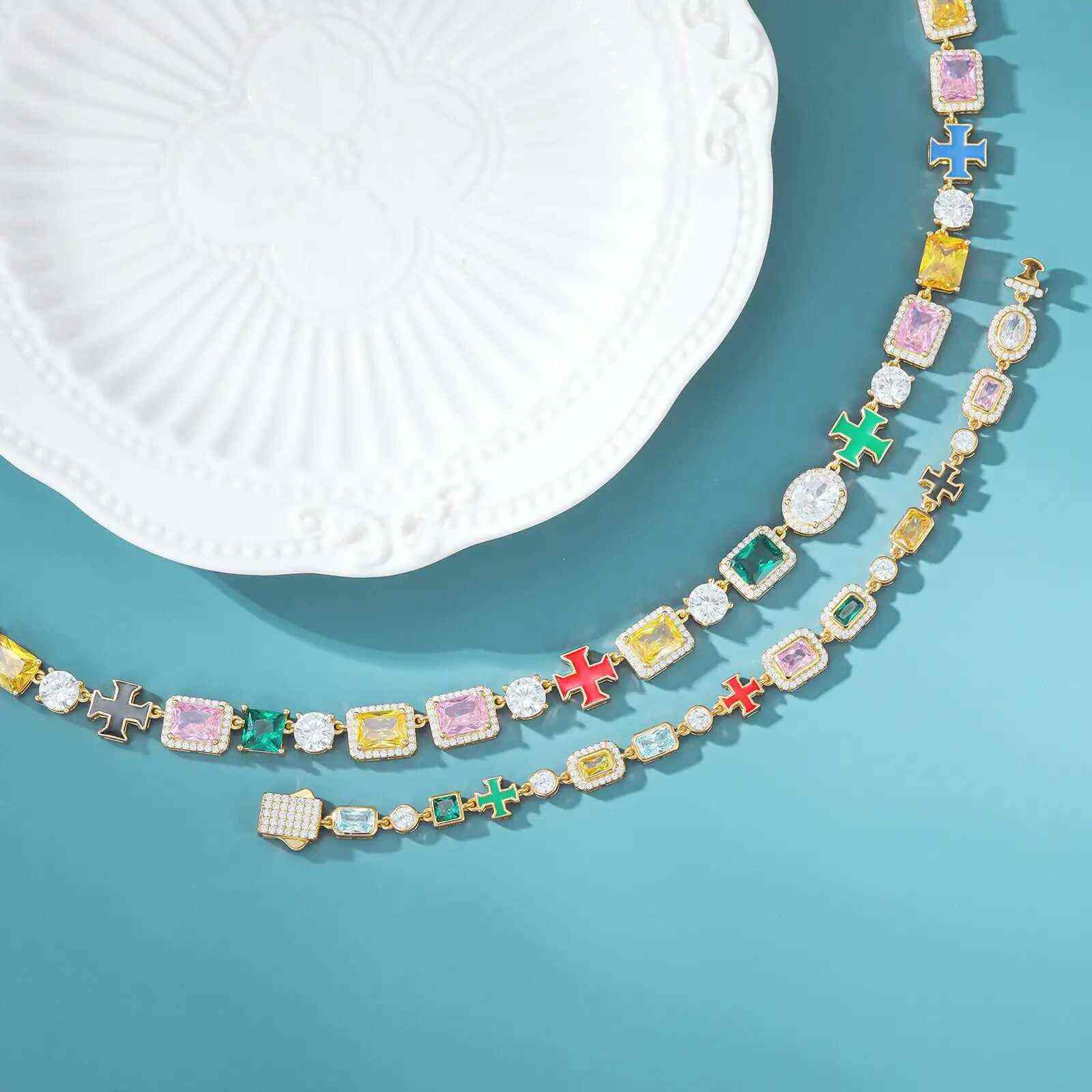 TestTest 10mm S925 Moissanite Enamel Cross Colorful Gemstone Tennis Chain