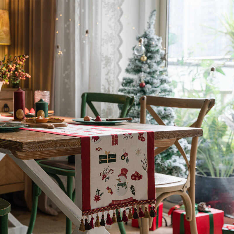 Christmas Festival Snowman Table Runner with Tassels
