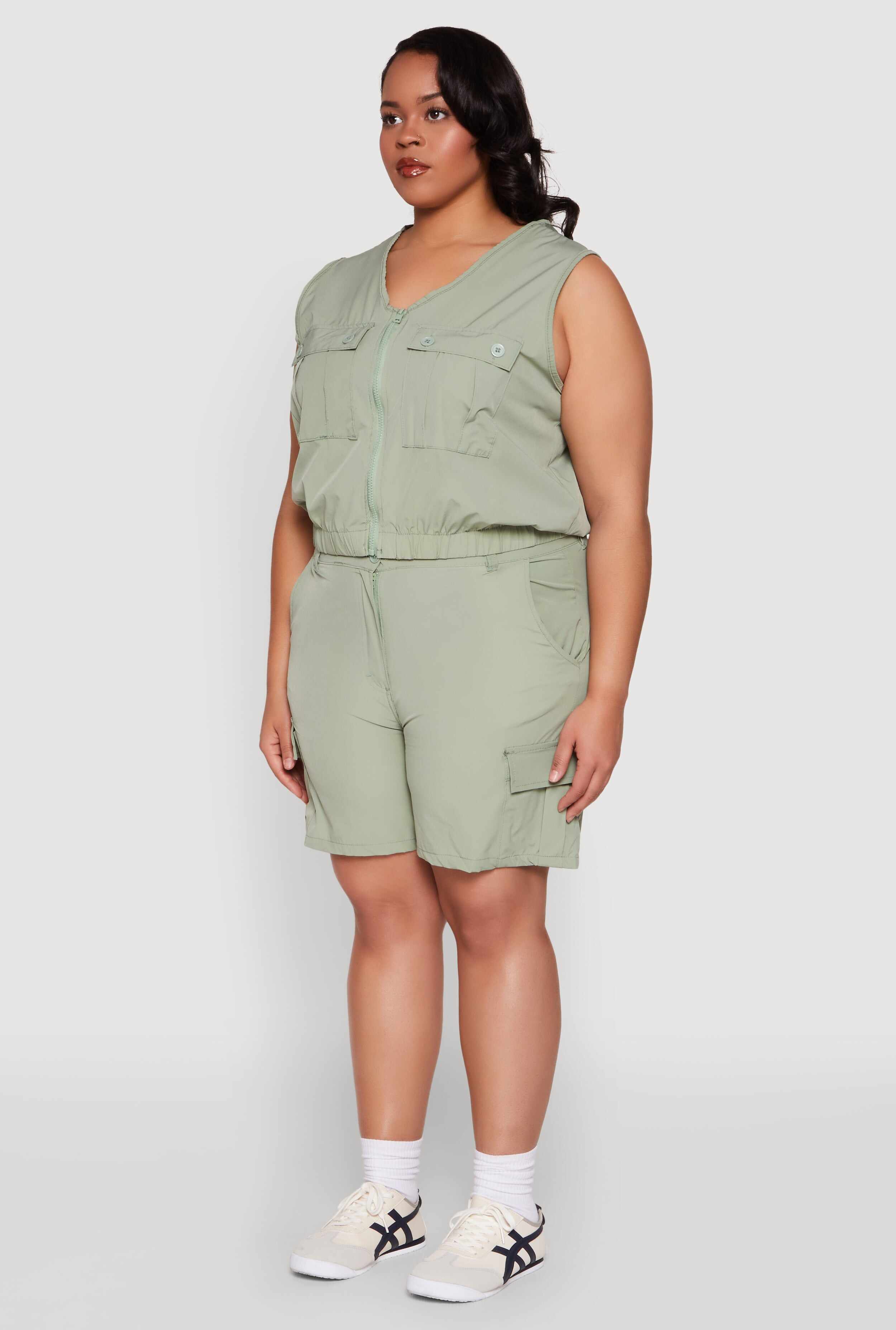 Plus Size Zip Front Cargo Pocket Top