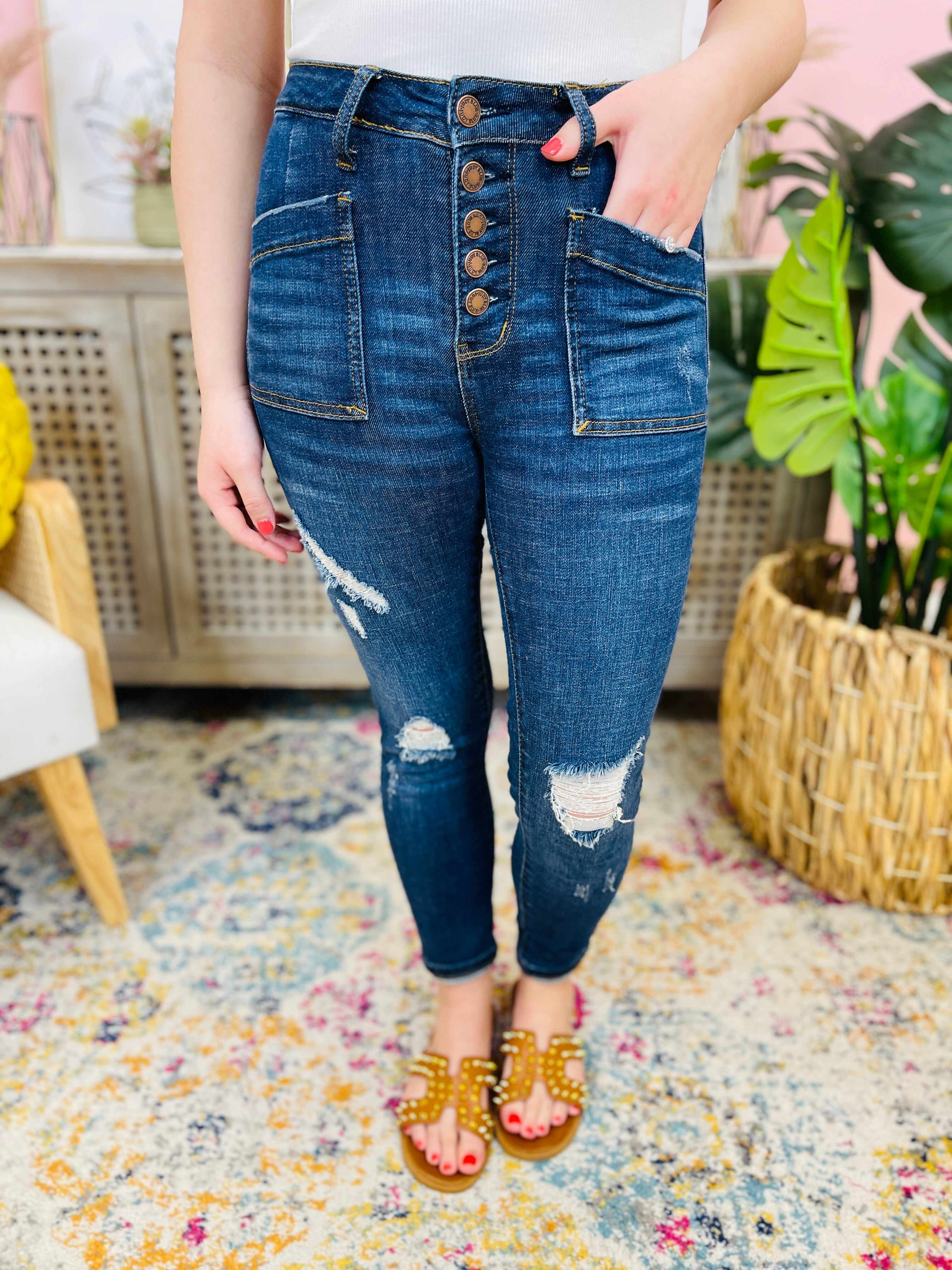 RESTOCK! Plus/Reg My Goodies Button Fly Patch Pocket Skinny Jean