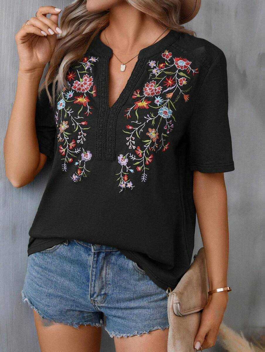 Embroidered Floral V-Neck Short-Sleeve T-Shirt