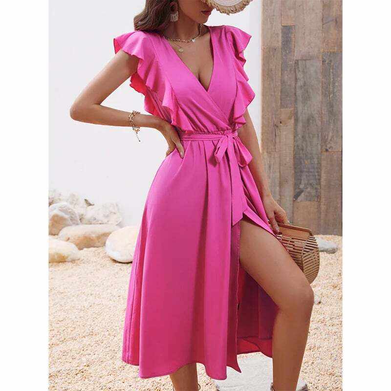 Summer ruffle V-neck lace-up split dress