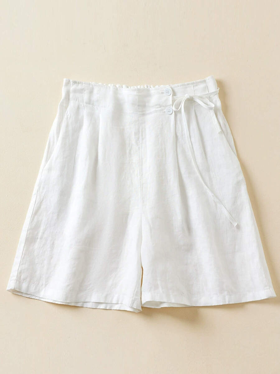 🔥Summer Arrivals🌟Women's Semi-elastic High Waist Solid Color Casual Cotton and Linen Wide Leg Shorts
