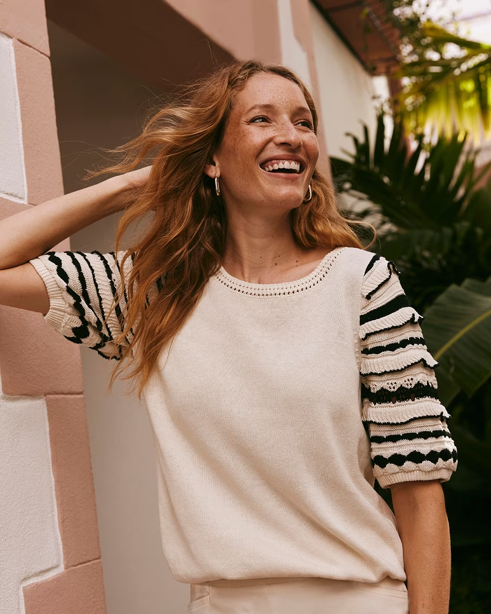Linen Blend Crochet Sleeve Sweater