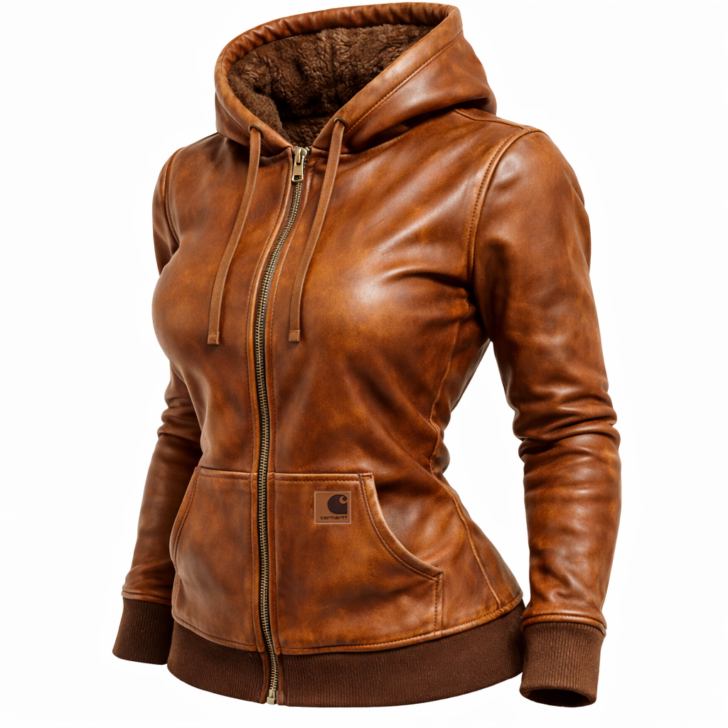 Women's Vintage Black Leather Fleece Pocket Hooded Jacket